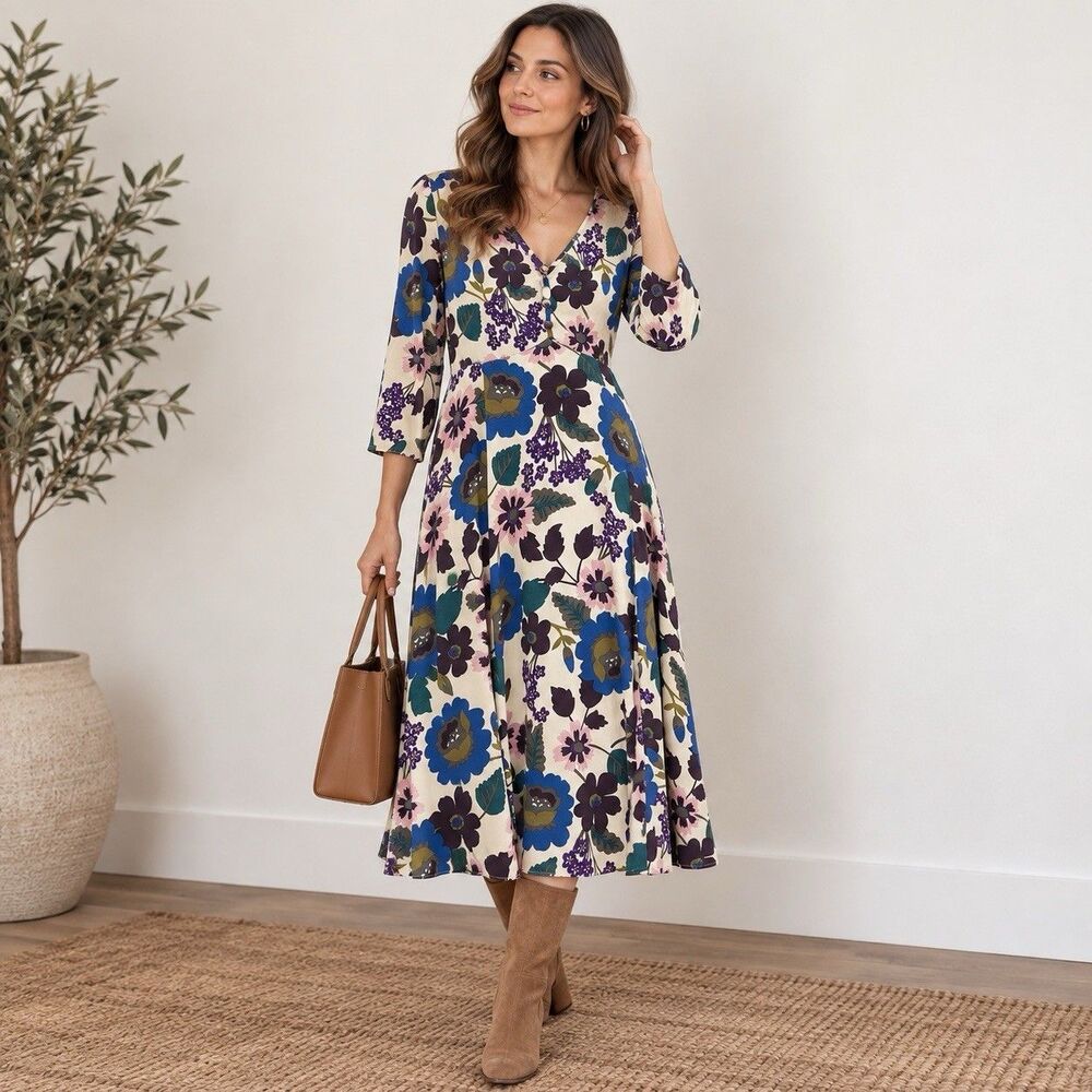 Boden Womenโs 18R Floral V-Neck Midi Dress 3/4 Sleeve A-Line NWT Feminine
